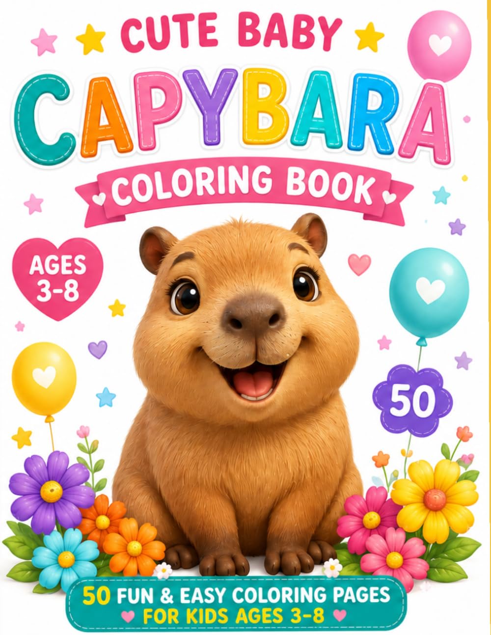 Cute Baby Capybara Coloring Book: 50 Fun and Easy Coloring Pages for Kids Ages 3-8