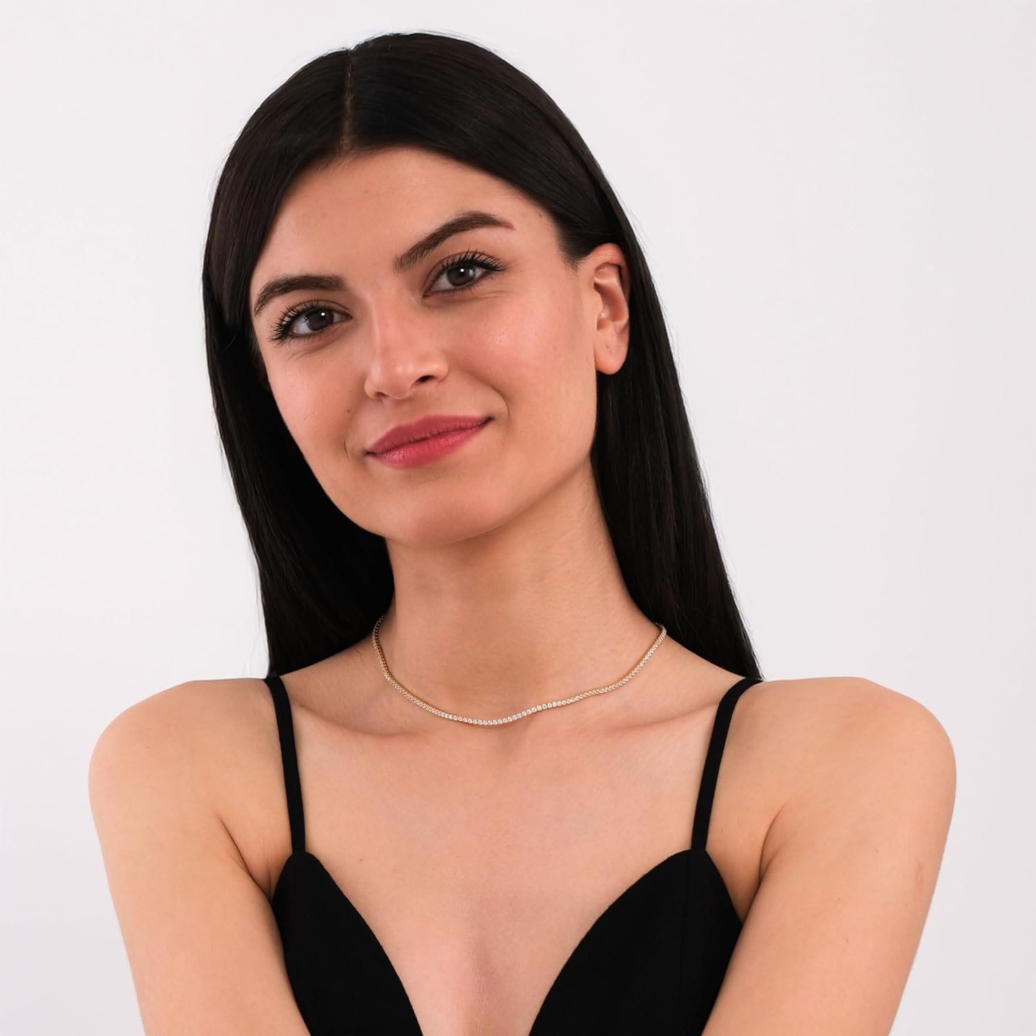 MIONZA 18K Gold Vermeil 2mm Simulated Tennis Necklace for Women, Tennis Chain Choker Chunky Long Necklace Birthday Gift for Her