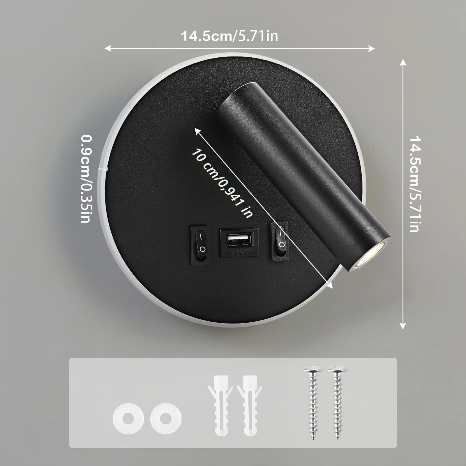 Lampe de lecture LED, Applique Murale d'intérieur 3W 3000K + 9W 3000K, Liseuse de chevet avec port de charge USB et interrupteur, éclairage d'ambiance de chambre à coucher Spot réglable (2 noirs)