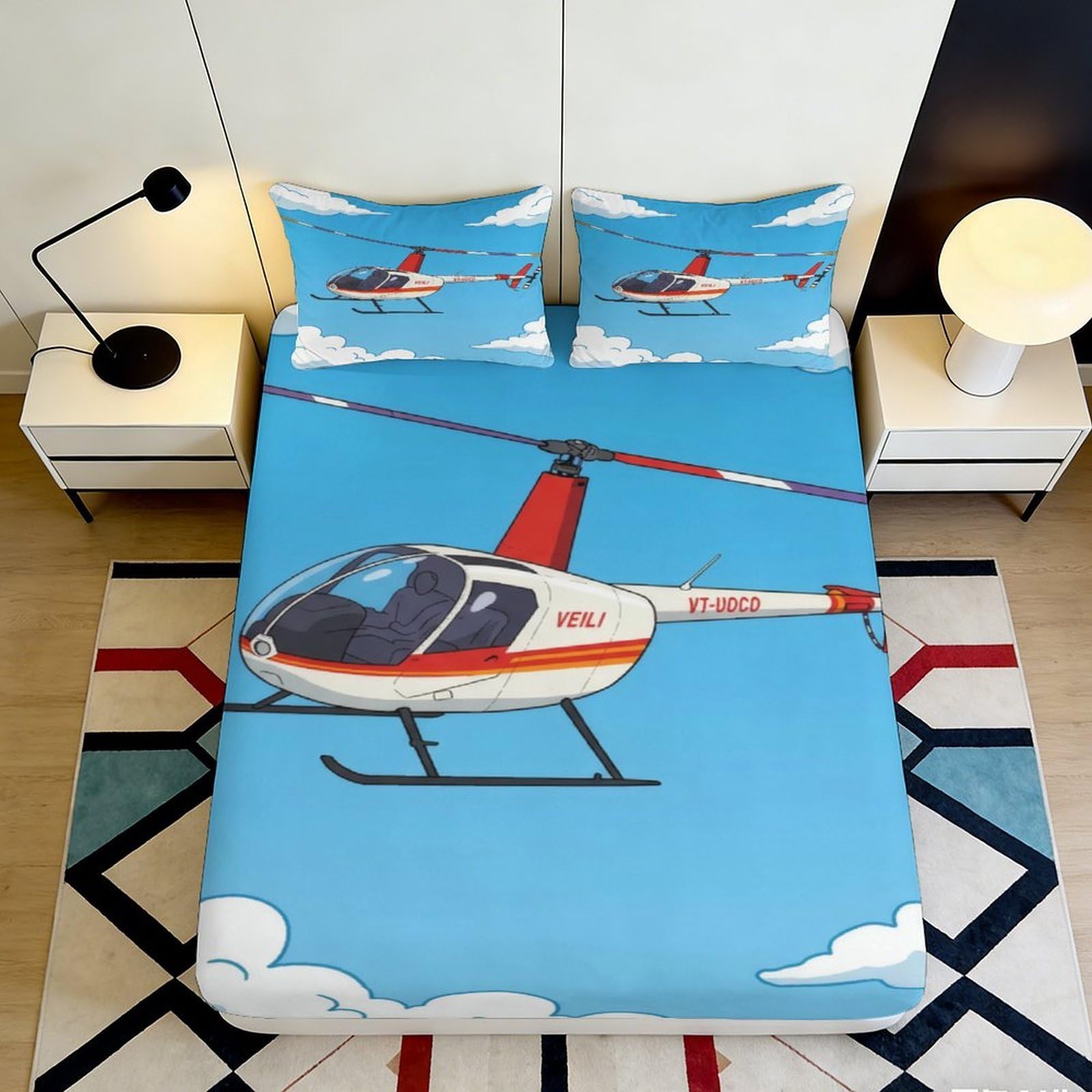 3D Printed Helicopter Sky Fitted Sheet Microfiber Blue Cartoon Clouds Bed Cover for Bedroom Guest Room Decor 180x200x25cm
