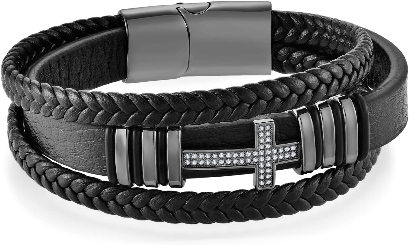 Fahonie Cross Leather Bracelet for Men Women 316L Stainless Steel with 18K Gold Plated Christ Jesus Crucifix Handmade Bracelet,7.5/8/9 Inches - Image 6