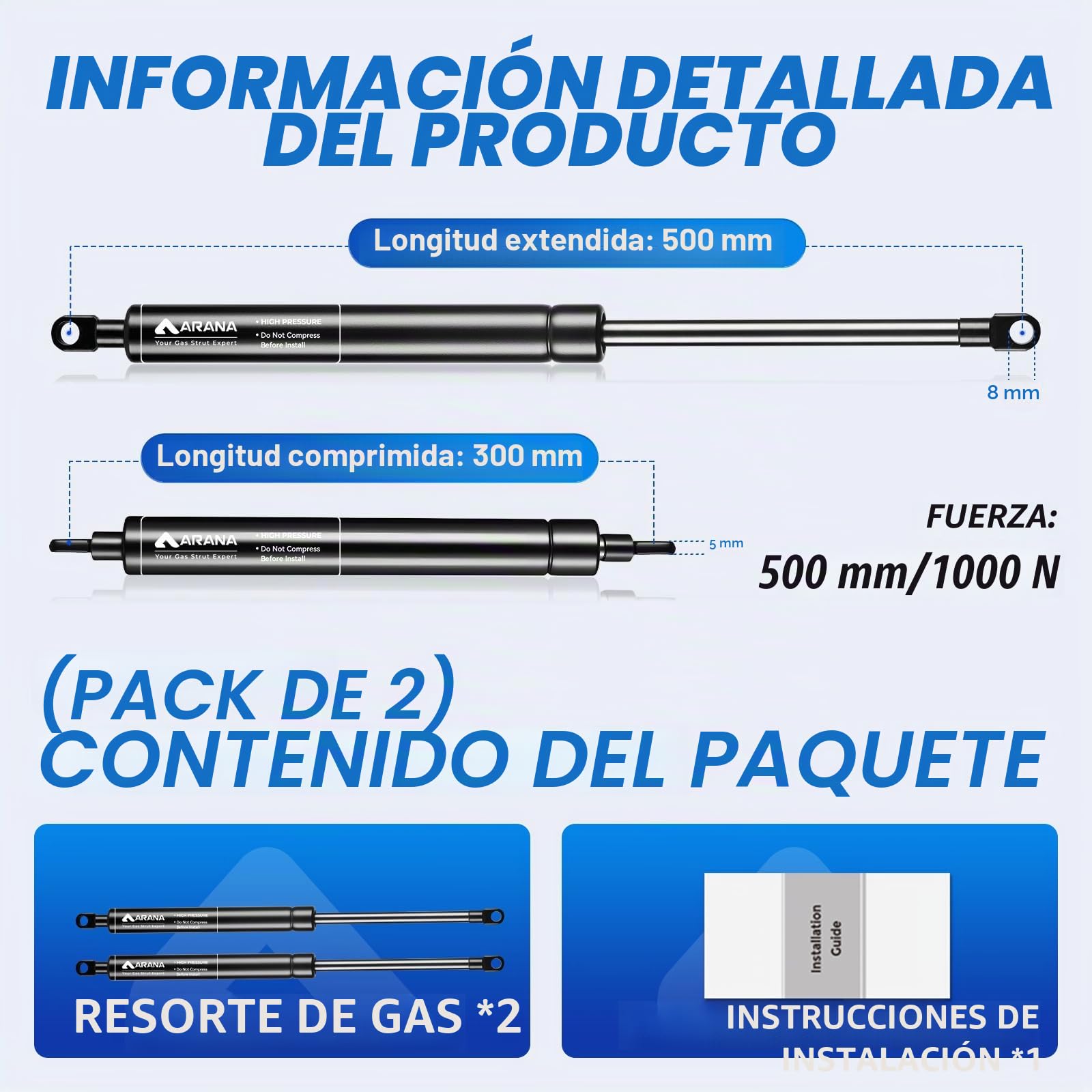 ARANA 2x Muelle de Amortiguadores de gas resorte universales 500 mm, 1000 N presión, para cama otomana, cubierta de barco, canape, cama abatible, caja de almacenamiento, ventana y bricolaje
