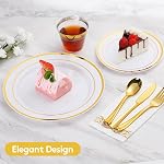 Goodluck 700 Piece Gold Dinnerware Set for 100 Guests, Disposable for Party, Include: 100 Gold Rim Dinner Plates, 100 Dessert Plates, 100 Paper Napkins, 100 Cups, 100 Plastic Silverware Set