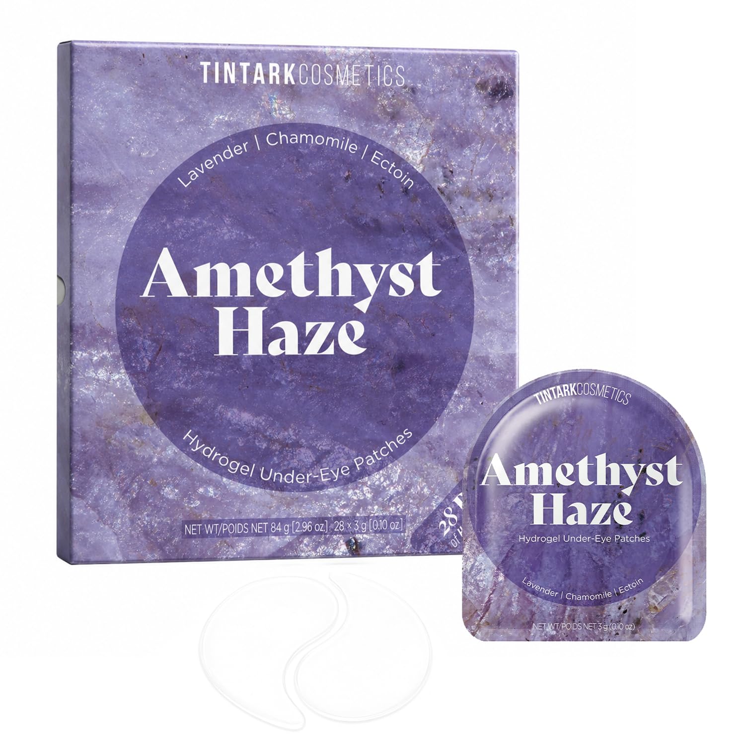 Tintark Parches de hidrogel Crystal Amethyst Haze para debajo de los ojos | Mascarillas de lavanda, manzanilla y ectoína para ojos sensibles y comodidad de aspecto enrojecido