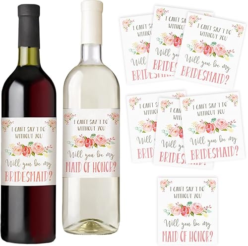Printed Party Propuesta de dama de honor para botella de vino de regalo, floral, juego de 7