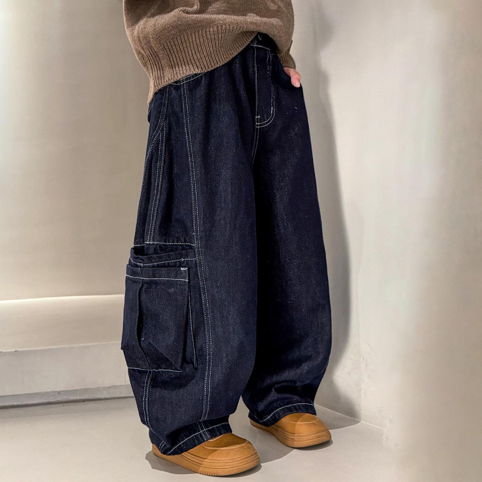 Pantalones Vaqueros Cargo para niños Grandes, de Invierno, con Forro Polar, de Pierna Ancha, Informales y cálidos, para Clima frío.#g