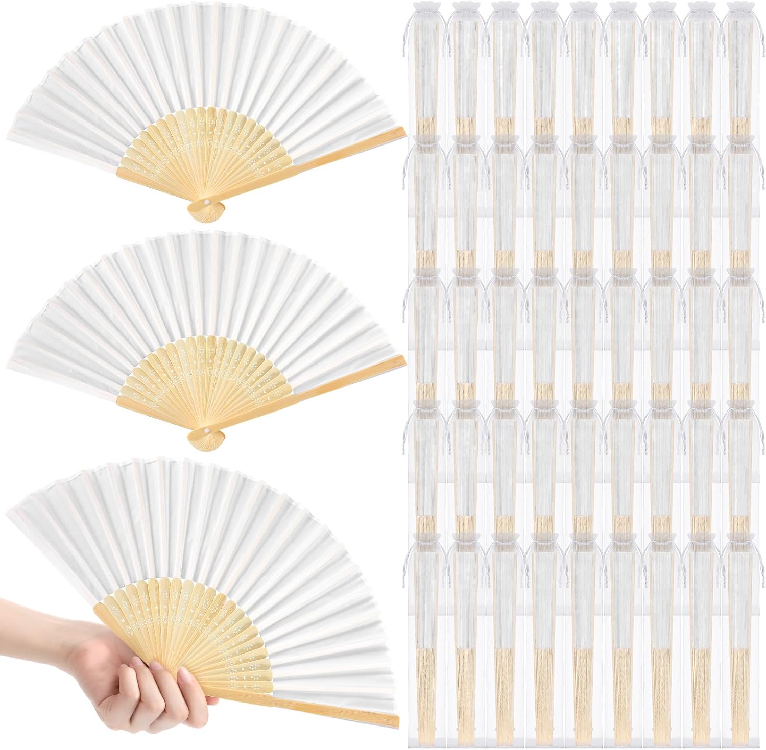 30 Set Sage Green Wedding Fans Cloth Fabric Fan with Organza Bags for Wedding Guest Foldable Imitated Silk Bamboo Fans Bulk Handheld Party Favor for Guests Bridal Shower Outdoor Party