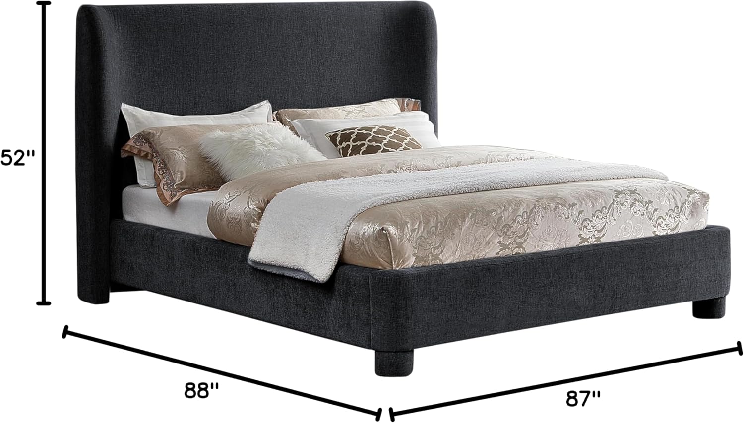 Meridian Furniture B1207Black-K Penny Collection Modern | Contemporary King Bed with Rich Black Chenille Fabric, Curved Headboard, 87" W x 88" D x 52" H, Black, King