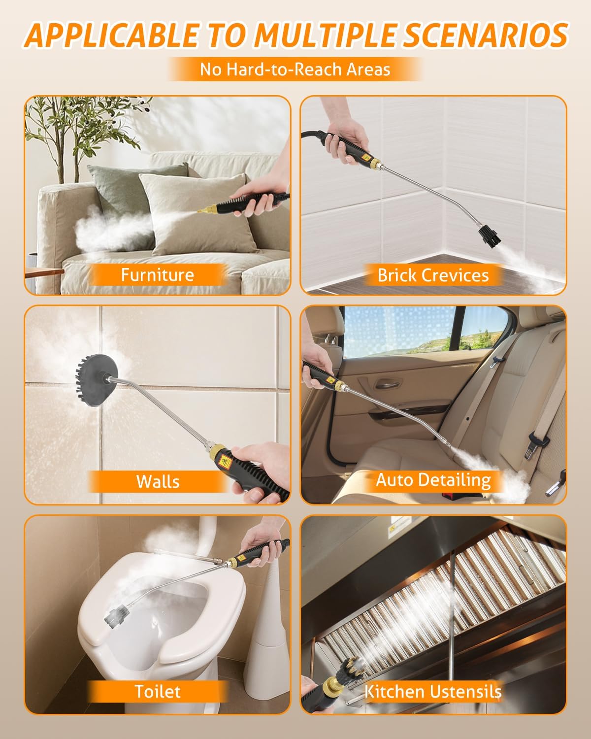 Collage showing the WICHEMI 2500W Handheld Steam Cleaner being used in multiple scenarios: on furniture, brick crevices, walls, for auto detailing, toilets, and kitchen utensils.