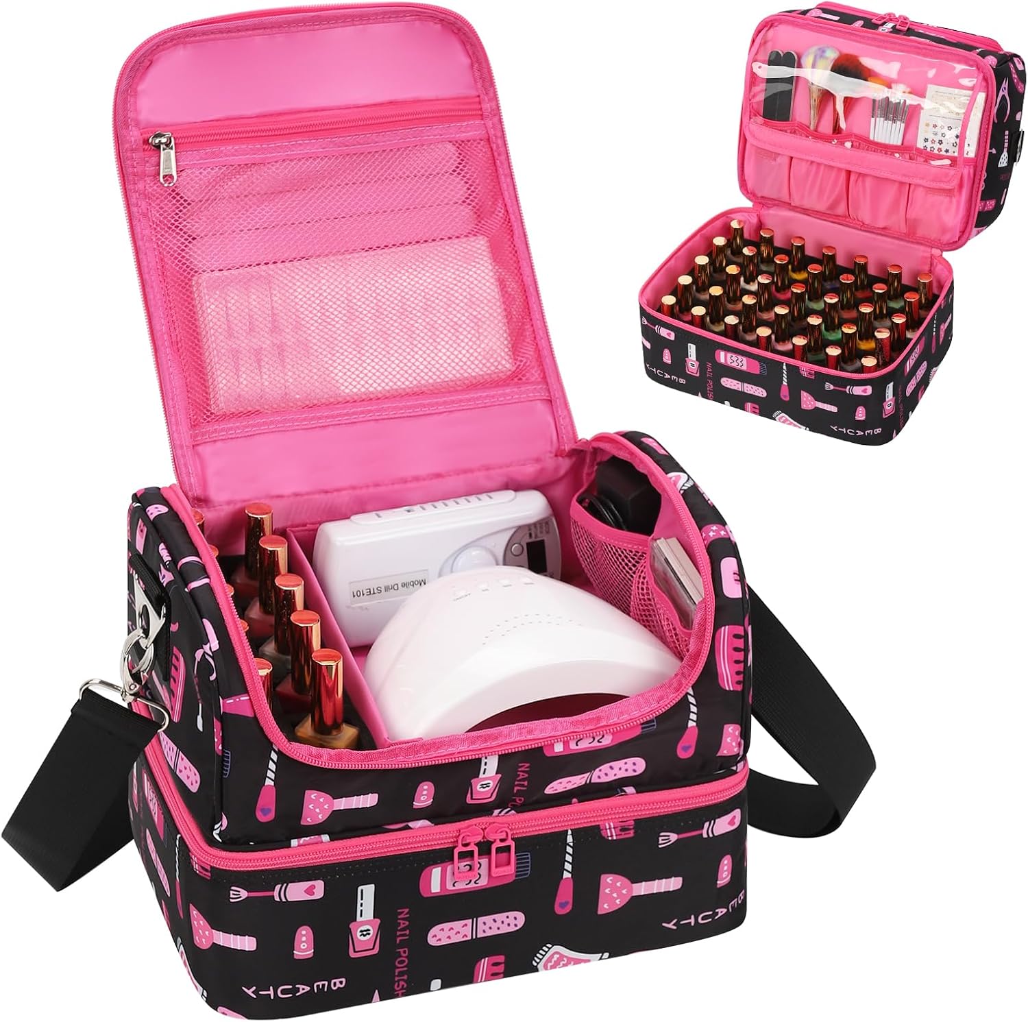 Nail Polish Organizer Case - Holds 45-90 Bottles & UV Nail Lamp, Nail Tech Organizers And Storage Bag for Nail Supplies & Manicure Kit & Pedicure Tools, Nail Technician Case (Cartoon Black, 45 Slots)