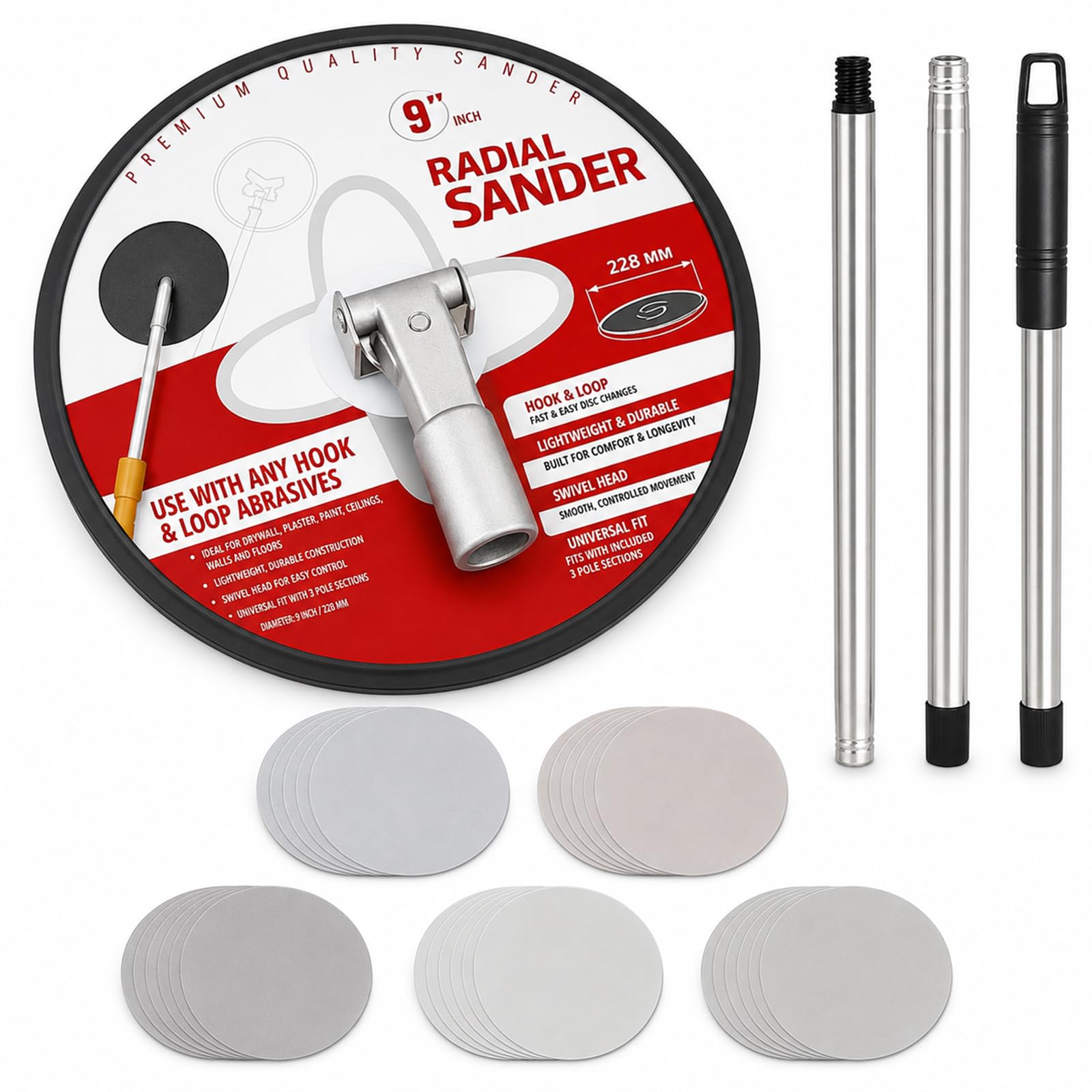 Lijadora de paneles de yeso de 9 pulgadas con poste de extensión para limpieza y pulido de paredes, lijadora de pared para preparación de pintura, lijadora radial circular 360 + 25 discos de lijado de