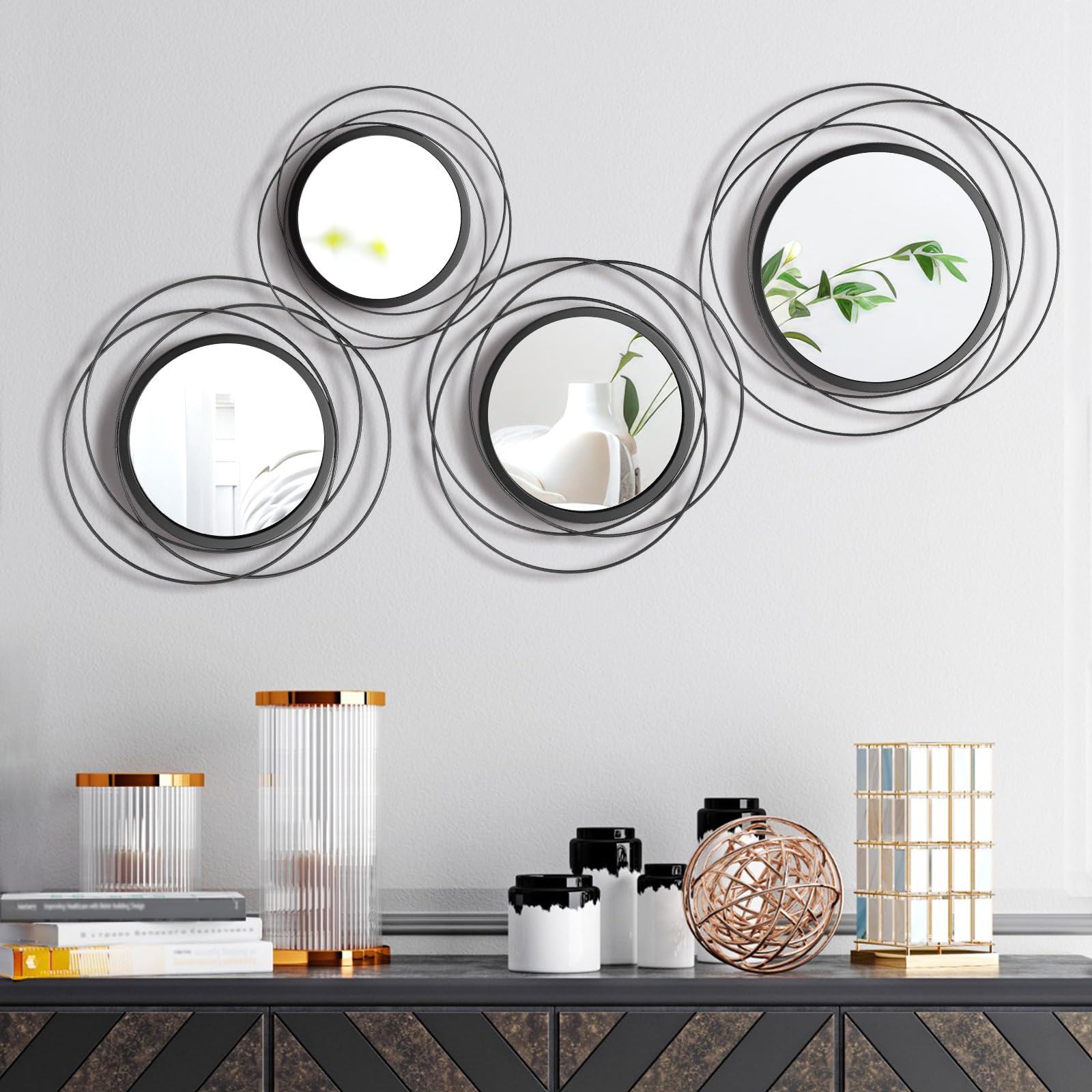 Hicarer 4 Pcs Decorative Wall Mirror Round Modern Mirror Circle Mirror Wall Art Ring Metal Mirror Wall Decor Wall Mounted Mirror for Bedroom Living Room Entryway Dining Room Hallway (Black)
