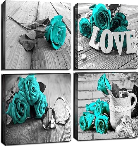 Arte de pared con diseño de rosas de color turquesa, verde azulado, negro y blanco, impresiones de pinturas rústicas y modernas con diseño de amor,