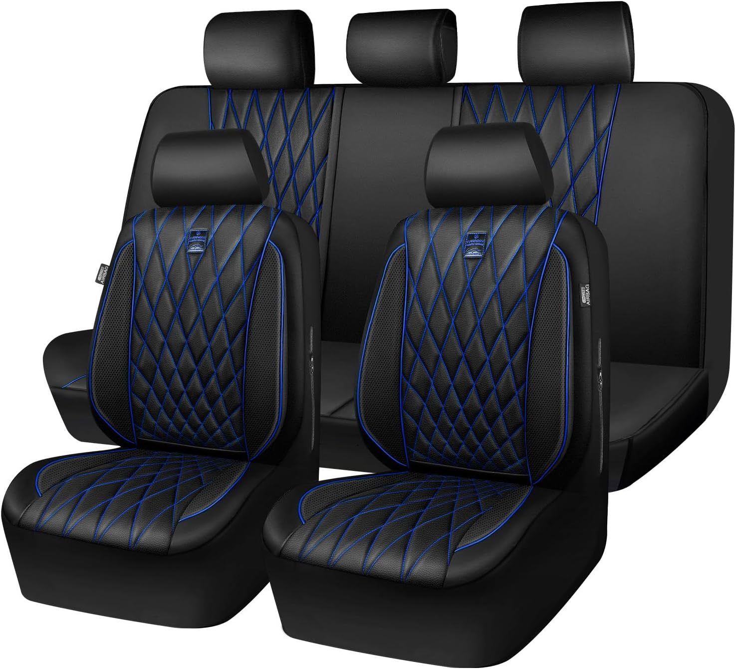 CAR PASS Piping Luxury Leather Seat Covers Full Set,5 Seats Anti-Slip Waterproof Seat Covers Compatible with Front Armrests,Universal Fit for Sendan SUV Van Truck,Airbag Compatible,Black and Blue