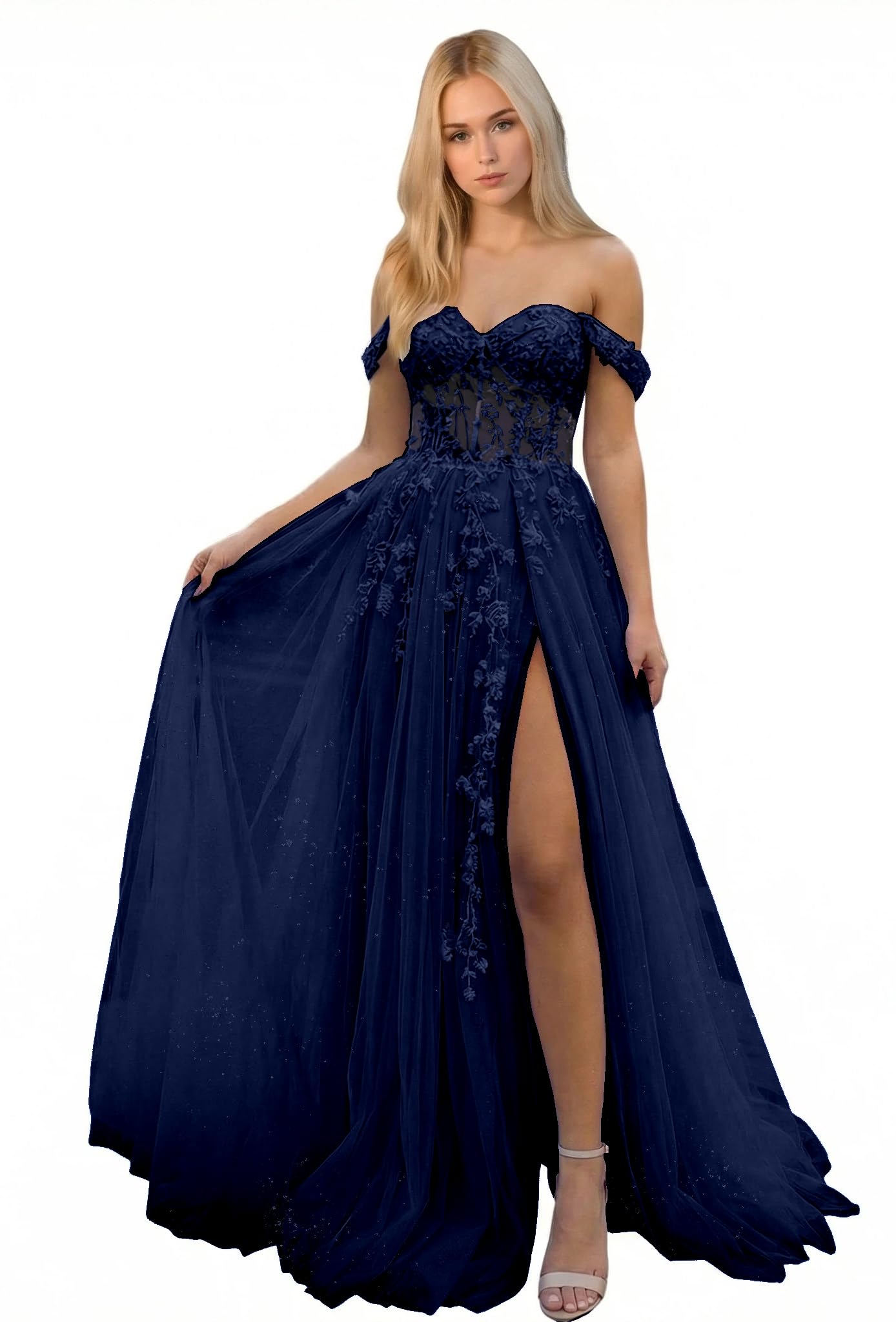 Bxqmzl Women's Tulle Prom Dresses Lace Appliques Long Ball Gowns Strapless High Split Evening Dresses 2026