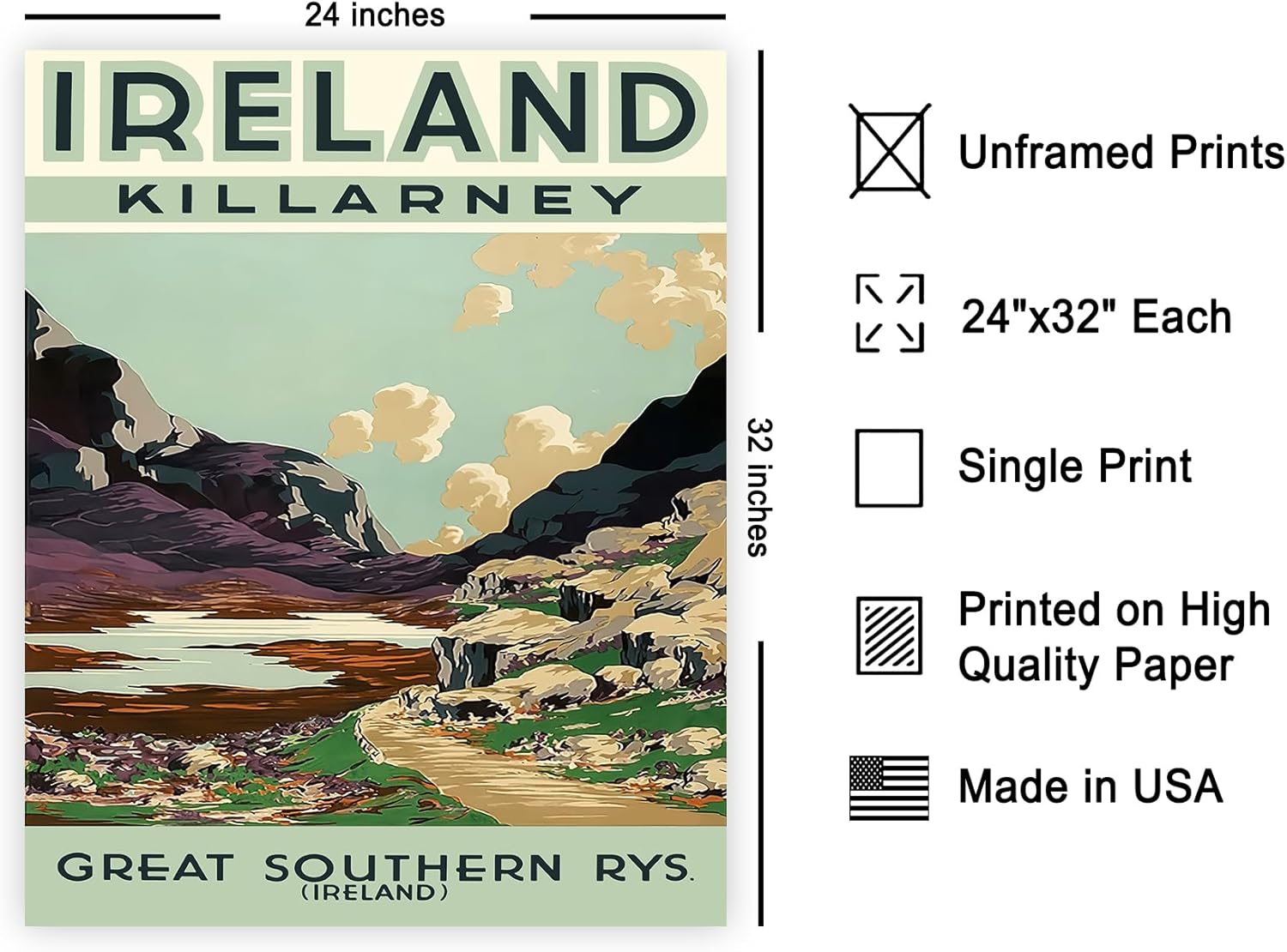 Poster Master Vintage Travel Poster - Retro Ireland Print - Landscape Art - Gift for Him, Her, Travel Lover - Irish Wall Decor for Home, Office, Living Room, Bedroom, 24x32 Unframed Wall Art