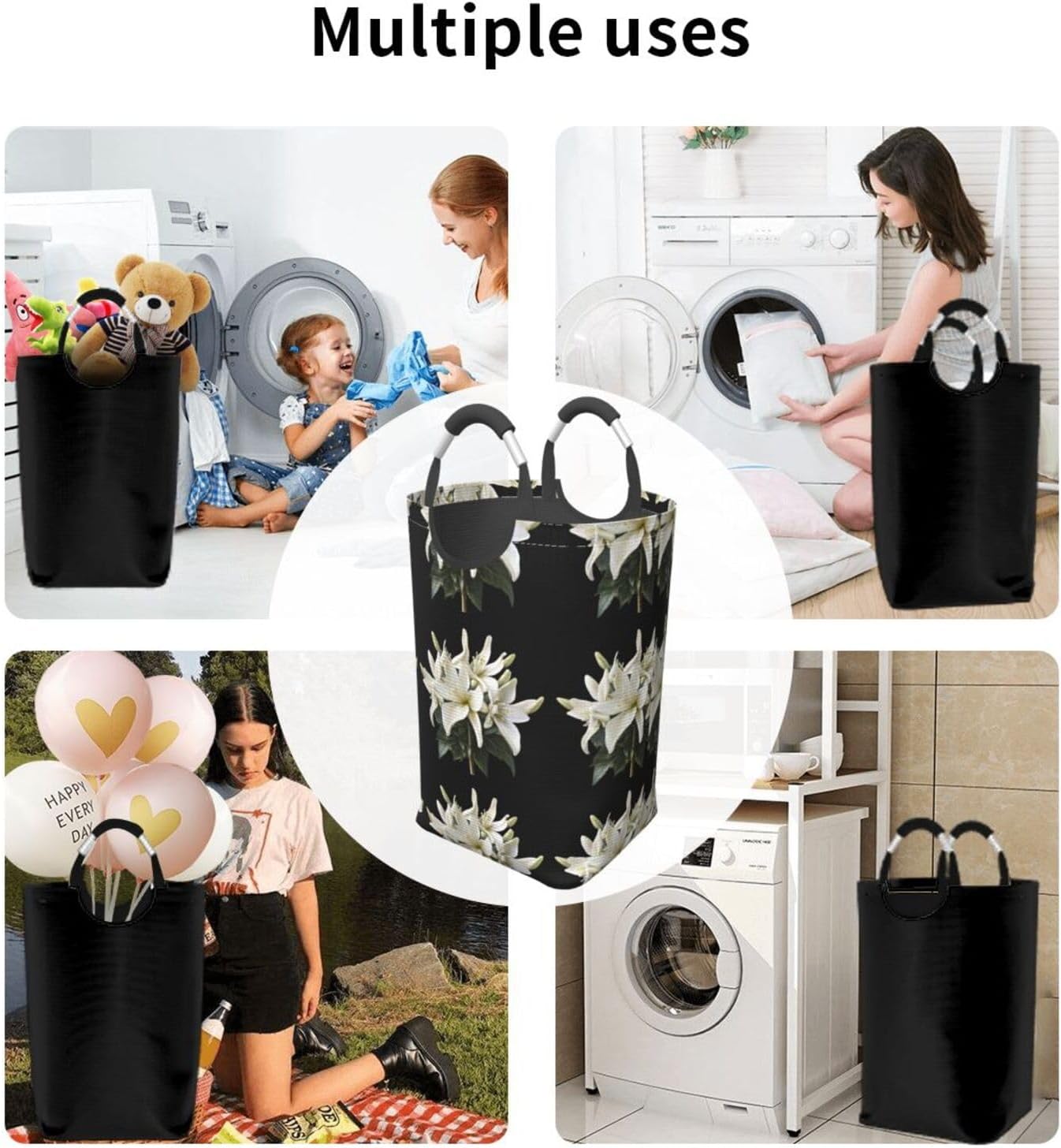 White lily Foldable storage bag, 50L capacity, suitable for laundry room, dormitory bedroom, dirty clothes storage basket.