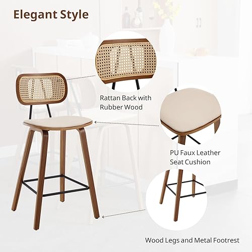 Miniatura 5 de HEAH-YO Juego de 2 taburetes de ratán de 26 pulgadas de altura de mostrador con respaldos y patas de madera, moderno taburete de ratán de piel