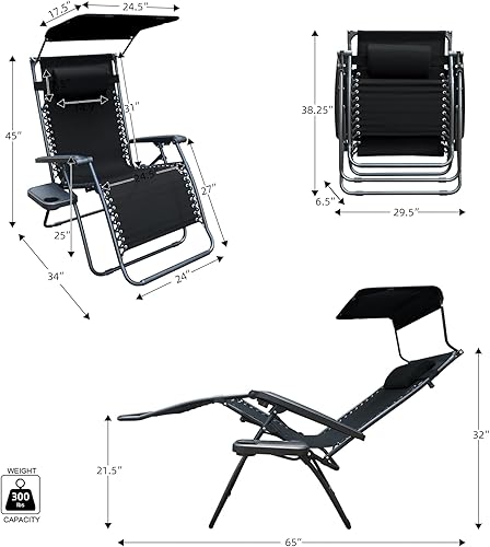 Miniatura 3 de Jeco Silla de gravedad cero de gran tamaño con sombrilla y bandeja de bebidas - Negro