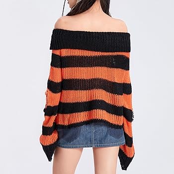 トップス 00s archive in the attic distressed knit Aiwpstoin Women Off The Shoulder Ripped Striped Sweater