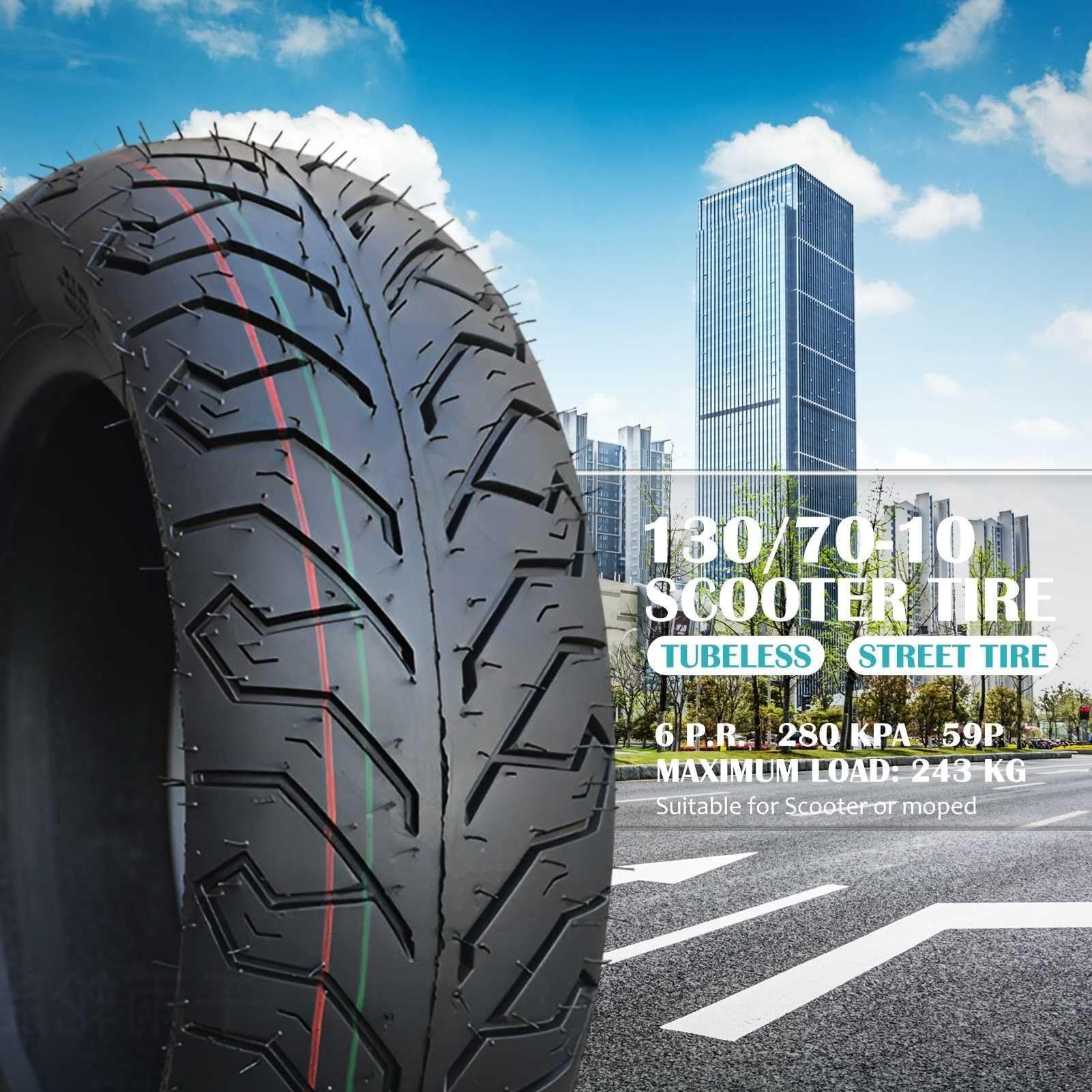 130/70-10 6 P.R. 59P Schlauchloser Motorradreifen | 130/70/10 for Vorder und Hinterrad | 130 70 10 Pannen und Plattenfest | Niedriger Rollwiderstand for Stadtverkehr | Maximale Last 243 kg