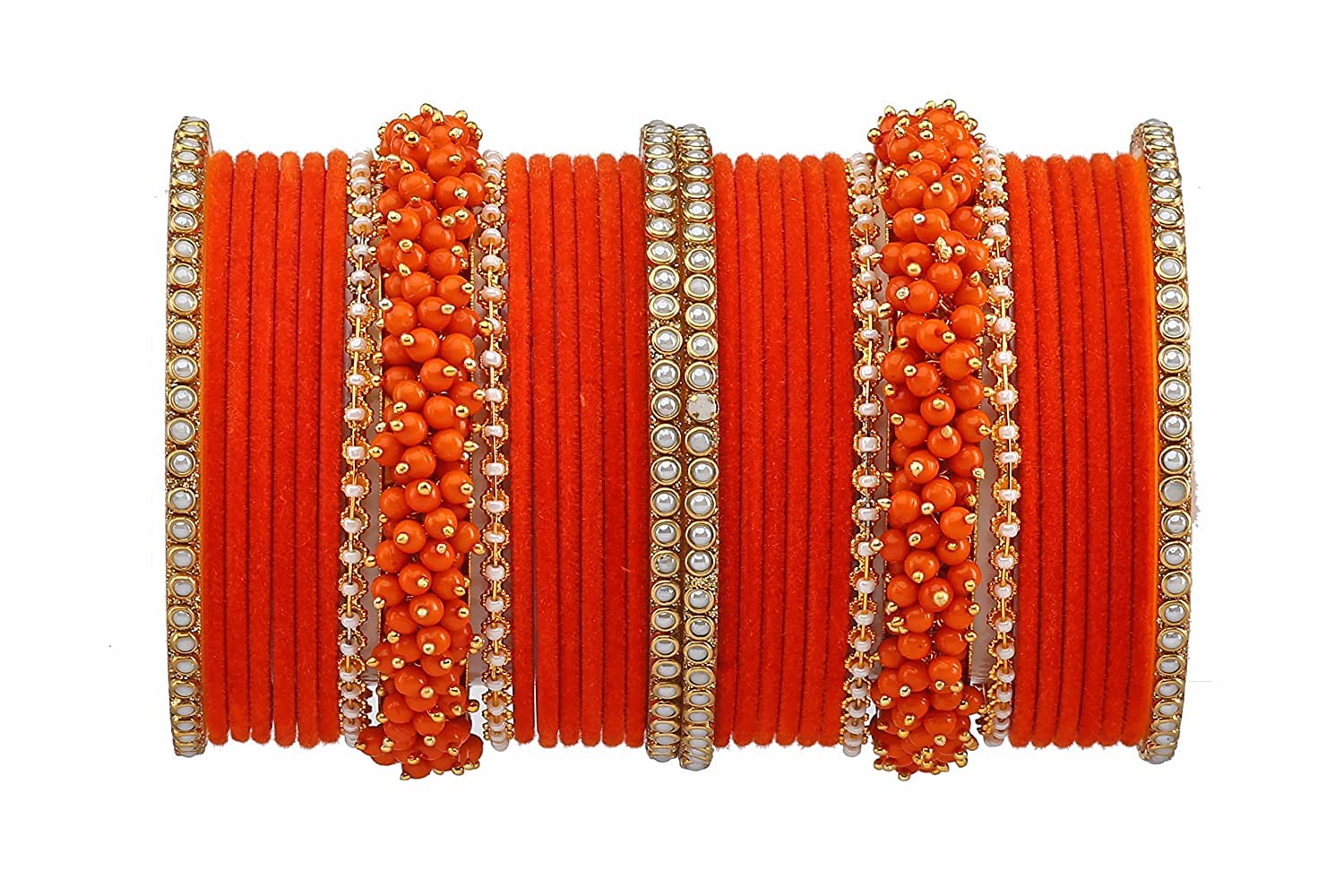 T4 Jewels Brass Metal Velvet Pearl And Beads Glossy Finished Bangles Set For Women & Girls (Set For 2 Hand)_Orange_2.2 (B0B84PB3ZT) Amazon Price History, Amazon Price Tracker