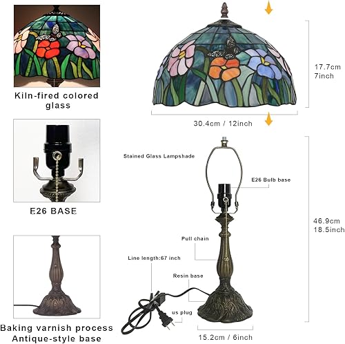 Miniatura 2 de Lámpara de mesa estilo Tiffany, lámpara de mesa de flores de mariposa, luz de lectura Tiffany de 12 x 12 x 19 pulgadas, lámpara de decoración de
