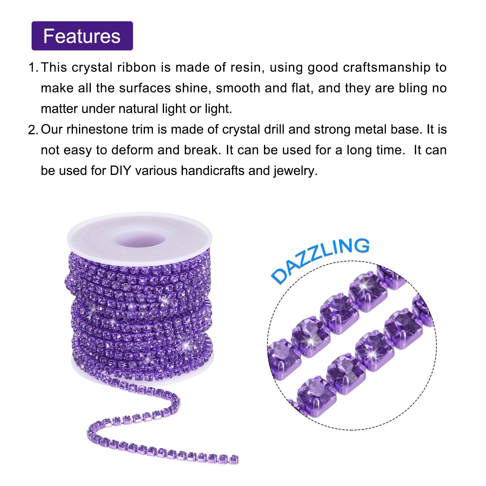QUARKZMAN 10 Iarde 4mm Cristallo Strass Diamante Chiudi Catena Rifinitura Rifinitura Artiglio Coppa Catena per Cucito, Artigianato, Fai-da-Te Gioielli Matrimonio Decorazioni Viola