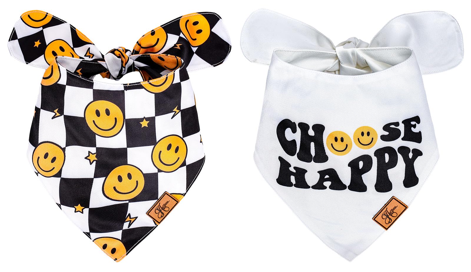 JarThenaAMCS 2Pcs Choose Happy Smile Face Dog Bandana Boho Black White Checkered Triangle Pet Scarf Mediums Adjustable Pet Neckerchief for Dog Cat