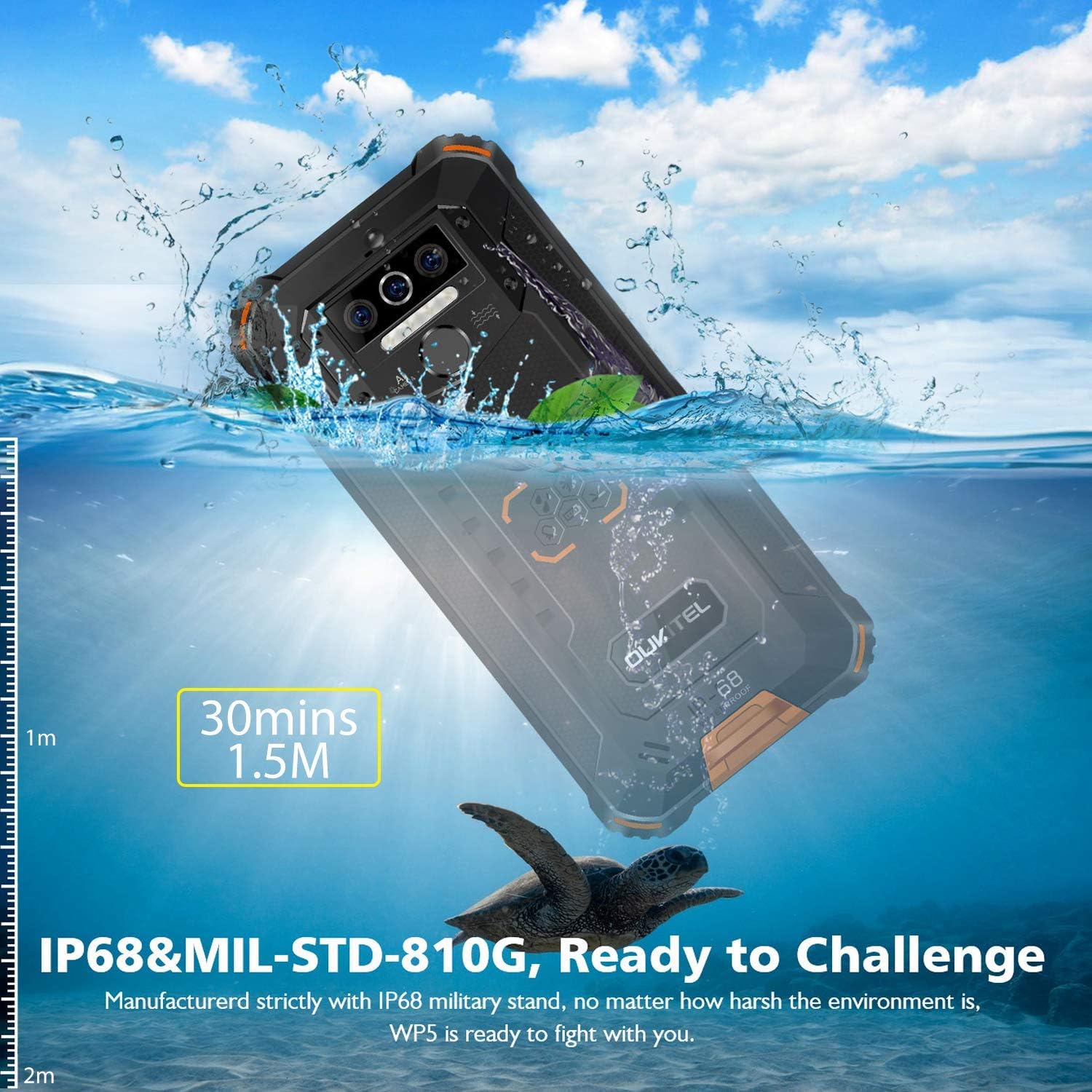 OUKITEL WP5 Pro submerged in water, demonstrating IP68 waterproof rating