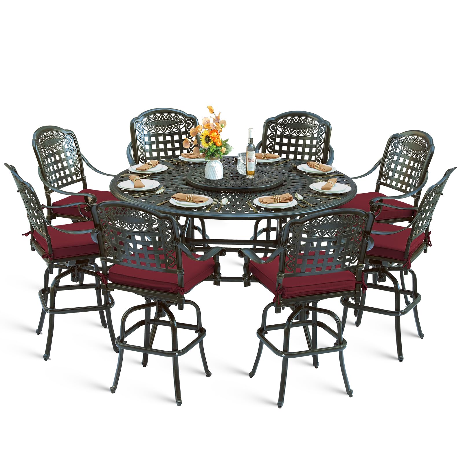 MEETWARM 10-Piece Outdoor Bar Set, All Weather Cast Aluminum Patio Bar Furniture with 8 Cushioned Swivel Bar Stools, Large 61" Round Patio Bar Height Table with Detachable Lazy Susan, Umbrella Hole