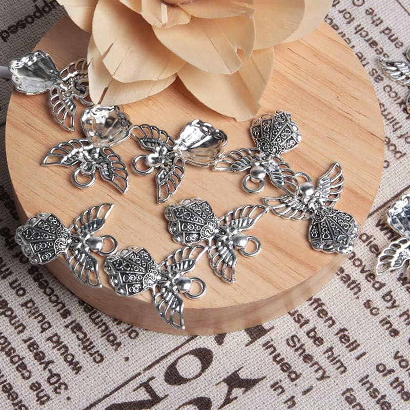 Miniatura 8 de Opexicos 100 dijes de plata antigua de 1.063 x 0.945 in con alas de ángel guardián para joyería, pulseras hechas a mano y collar