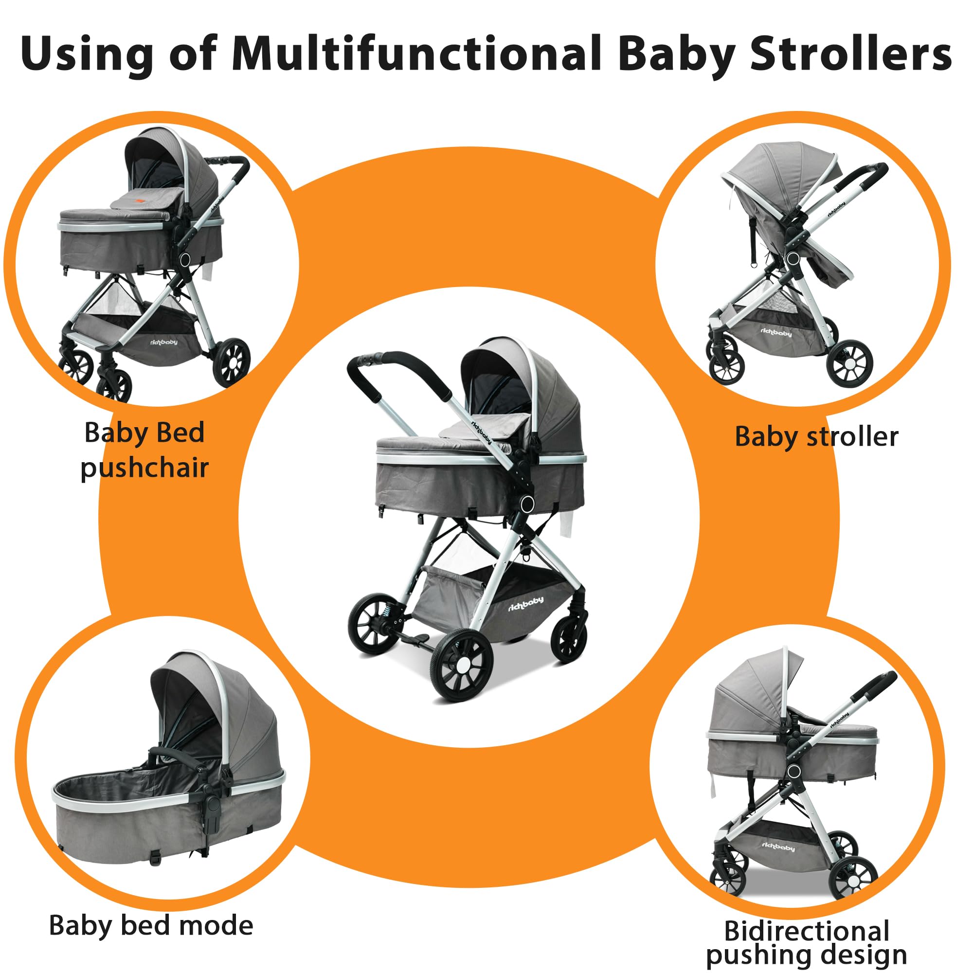 Passeggino 2 in 1 con navicella, compatto, pieghevole, protezione UV