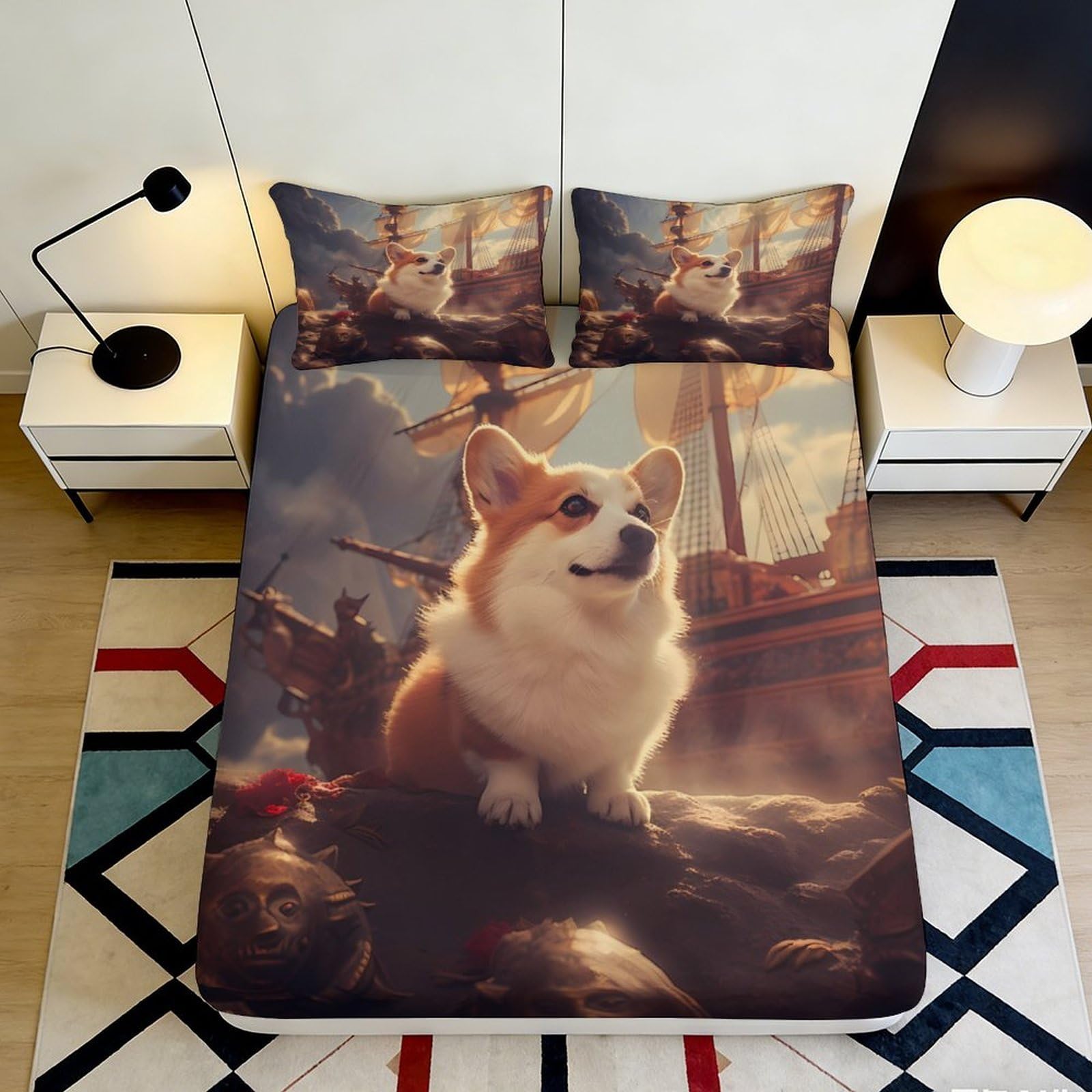 Uxinyoume Style-7 3D Printed Corgi Adventure Fitted Sheet Microfiber Soft Anti-Slip Bed Cover For Bedroom Guest Room Decor Easy Care 90X200x25cm