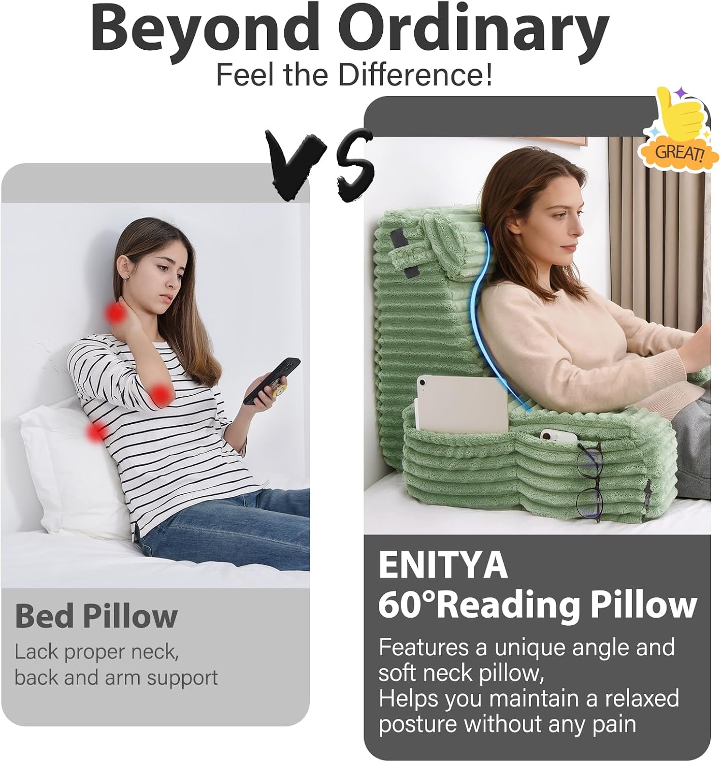 22" XL Back Pillow for Bed Sitting Up with Armrests & Big Pockets | Supportive Reading Pillow with Dual-Layer Foam Design, Ideal for Bedroom, Living Room, Dorm, Modern Style, Sage Green thumbnail
