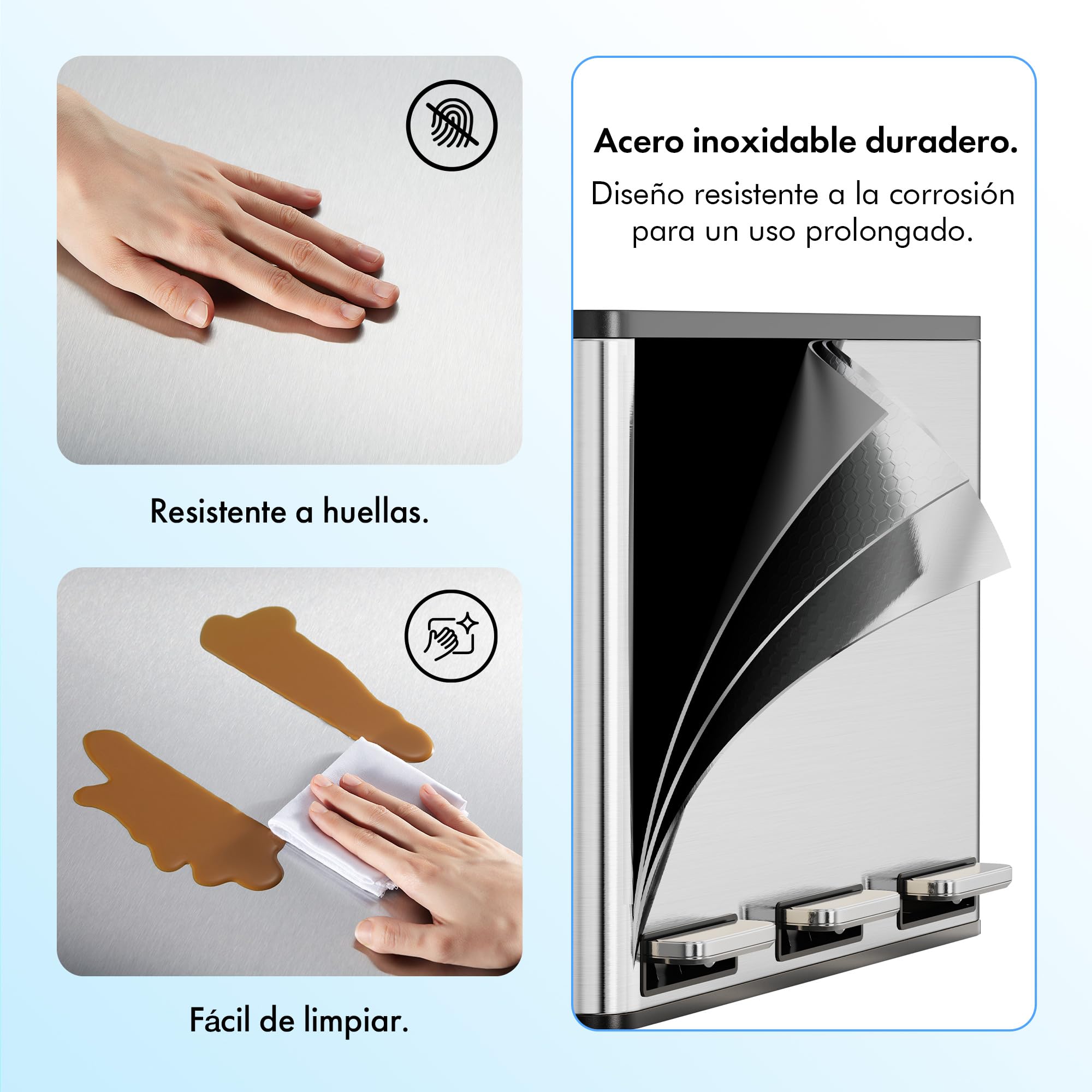 VonHaus Cubo de Basura Cocina Reciclaje, Contenedor Grande, Sistema de Separación de Residuos con Base Antideslizante y Compartimentos Extraíbles (Acero Inoxidable, 45 L (3 x 15 L)) | 3 x 15 L reciclaje sistema de separación de basura, base antideslizante