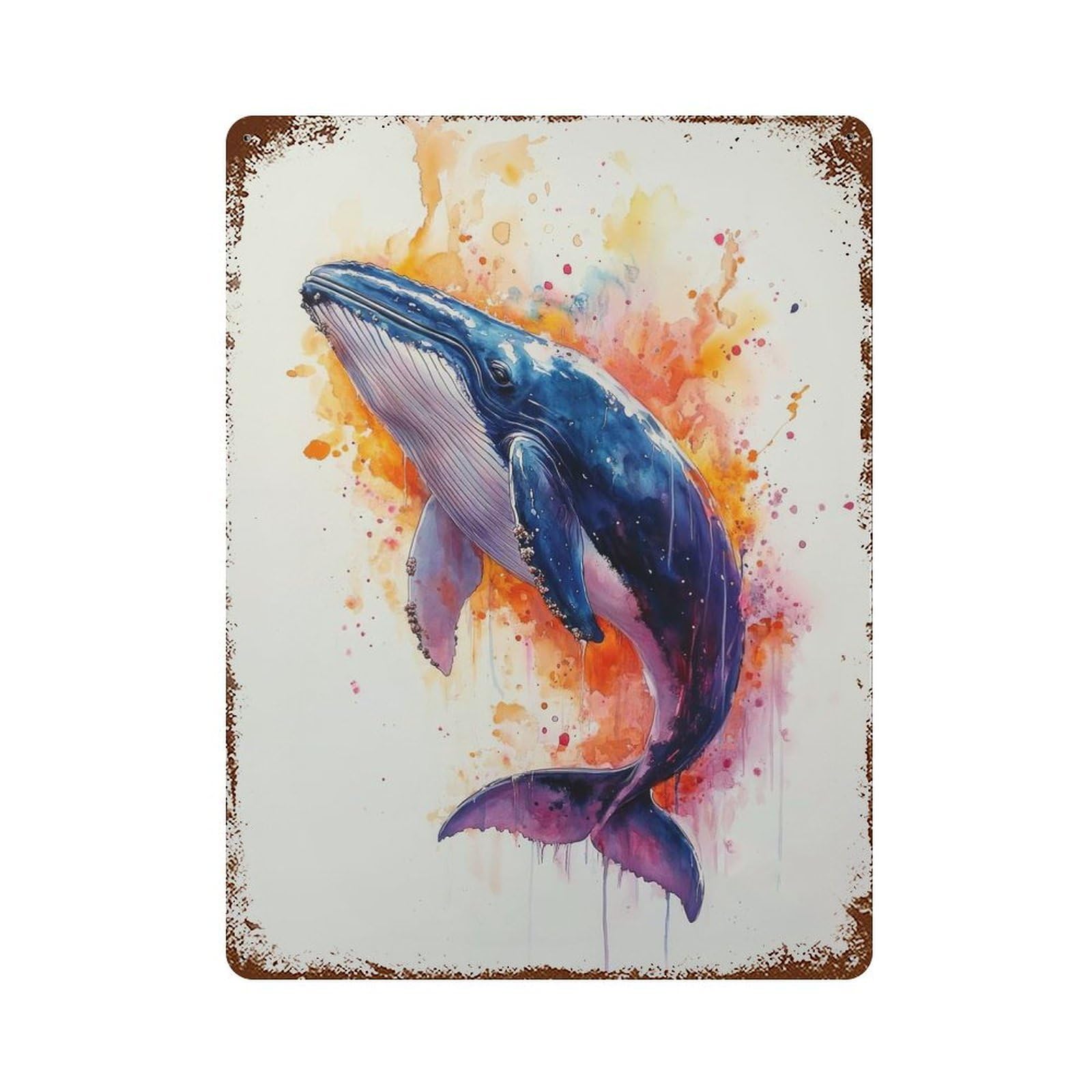 Aged Metal Wall Plaque with Watercolor Whale Design 15.7"x11.8", for Cafe, Home Bar And Lounge Decor, Novelty Wall Decor