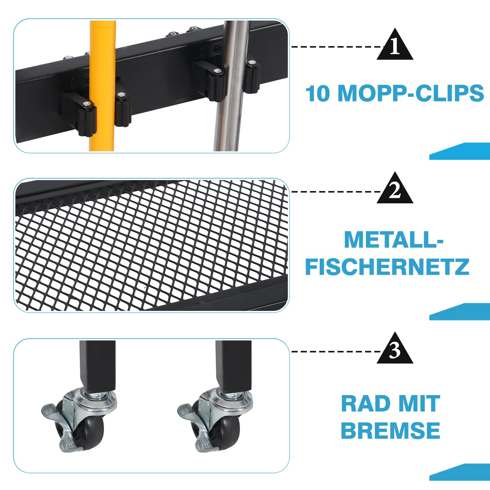 Carro de limpieza con soporte para escoba, carrito de limpieza móvil con 6 ruedas, soporte para mango de escoba con doble gancho y estante de 3 niveles, soporte para herramientas de jardín (L 86 ×