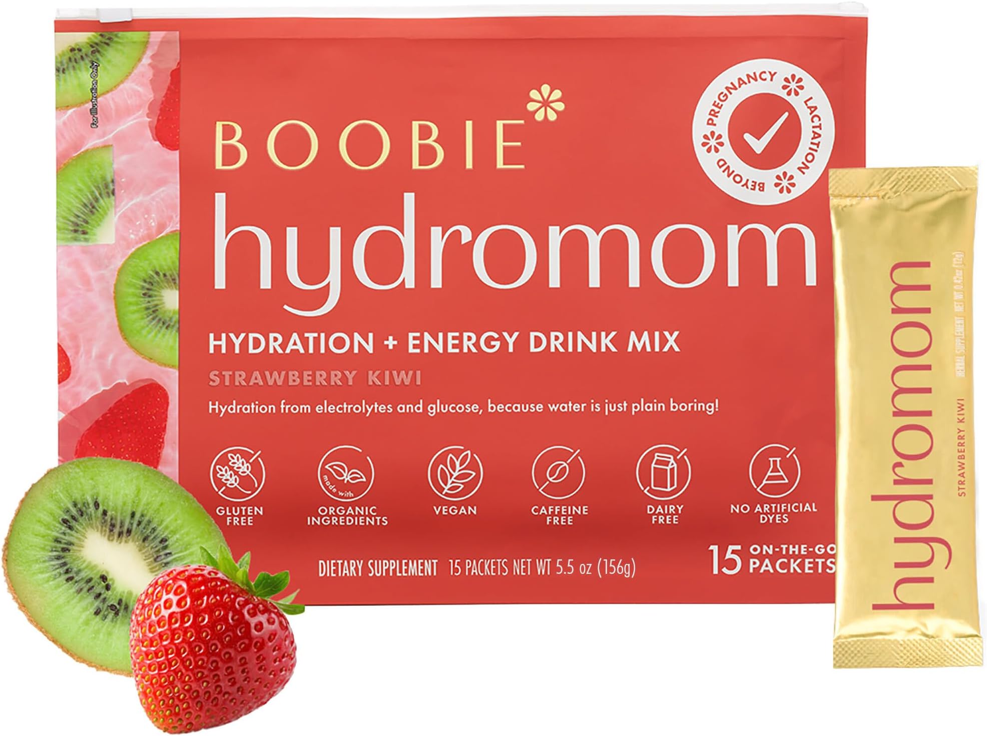 Boobie Hydromom Superfood Electrolyte Drink Mix, Strawberry Kiwi | Refreshing Energy & Hydration Boost for Mamas | On-The-Go & Travel Essentials for Pregnancy, Lactation, & Beyond, 15 Packets