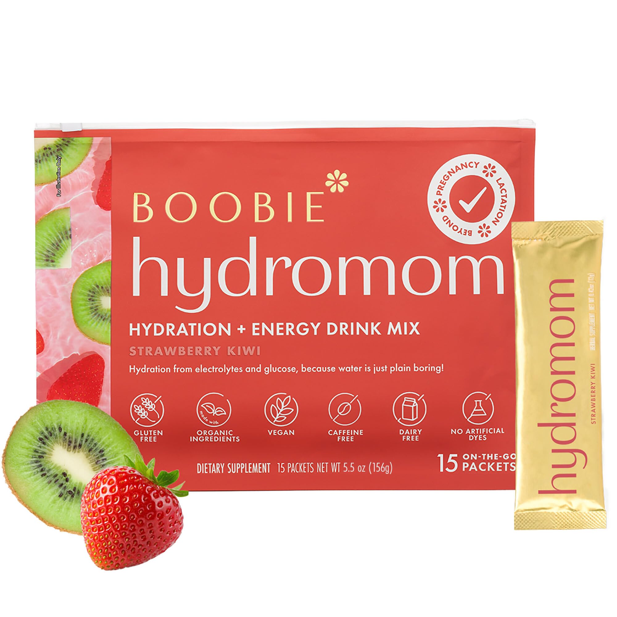 Boobie Hydromom Superfood Electrolyte Drink Mix, Strawberry Kiwi | Refreshing Energy & Hydration Boost for Mamas | On-The-Go & Travel Essentials for Pregnancy, Lactation, & Beyond, 15 Packets