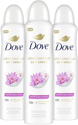Dove Advanced Care Antiperspirant Deodorant Spray Waterlily & Sakura Blossom 3 Count Moisturizing for After-Shaving Care 72-hour that boost skin's ceramide levels for Soft Underarms 3.8 oz