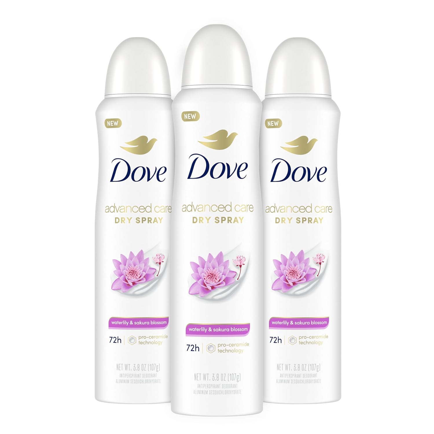 Dove Advanced Care Antiperspirant Deodorant Spray Waterlily & Sakura Blossom 3 Count Moisturizing for After-Shaving Care 72-hour that boost skin's ceramide levels for Soft Underarms 3.8 oz