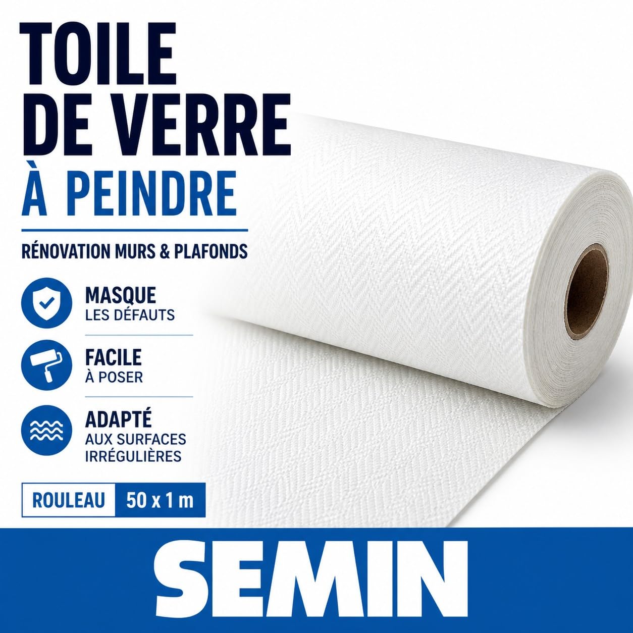 Semin Toile de Verre à Peindre Motif Chevron – Rouleau 50 x 1 m – Fibre de Verre Pré-Enduite – Rénovation Mur – Masque Défauts & Fissures – Facile à Poser