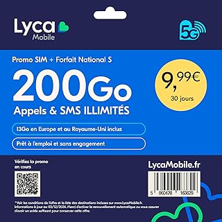 Lycamobile Carte SIM Prépayée France – Forfait National S – 200Go Internet, Appels et SMS illimités – 13Go en Europe/UK – Renouvelable après 30 Jours – sans Engagement