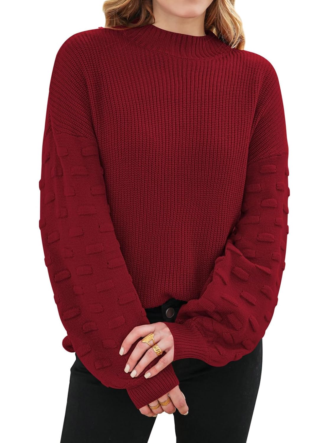 Sovoyontee Womens 2025 Fall Oversized Crewneck Long Puff Sleeve Chunky Knit Pullover Sweater Tops