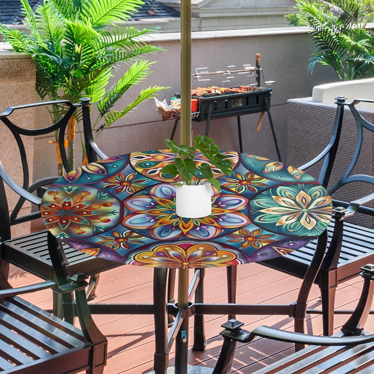 OSAM SPACE Outdoor Tablecloth with Umbrella Hole, Round Elastic Fitted Table Cloth with Invisible Zipper,Dark Colorful Mandala Flower Picnic Patio Table Cover 45-56in