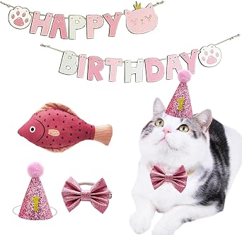 Cat Birthday Hat Girl Happy Birthday Decorations Outfit Banner Party Supplies Bow tie Collar Catnip Chew Biting Kick Toys for Cat Girl Pink