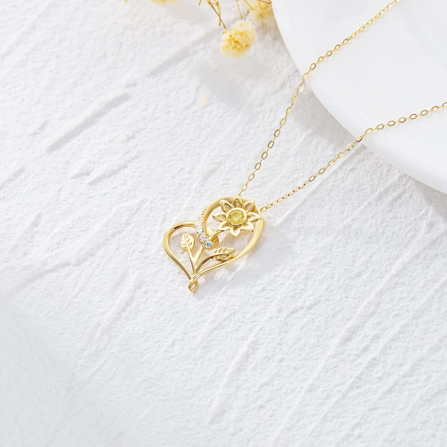 SISGEM Solid 14k Gold Sunflower Heart Necklace for Women, Real Gold Flower Necklace You are May Sunshine Necklace Fine Jewelry Gifts for Wife, Mom,16''-18''