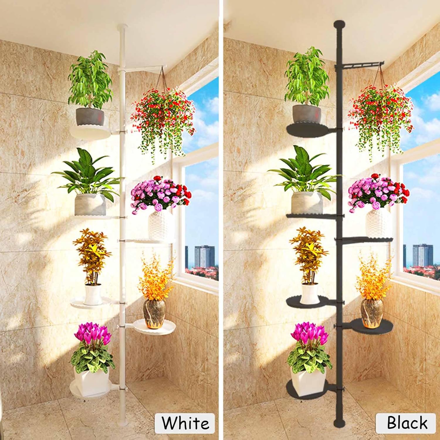 Height Adjustable Indoor Plant Stand, Tension Rod Planter Organizer, Corner Flower Stand Display, Telescopic Plant Stand, Floor to Ceiling Planter Stand with Hanging Arm for Living Room Balcony