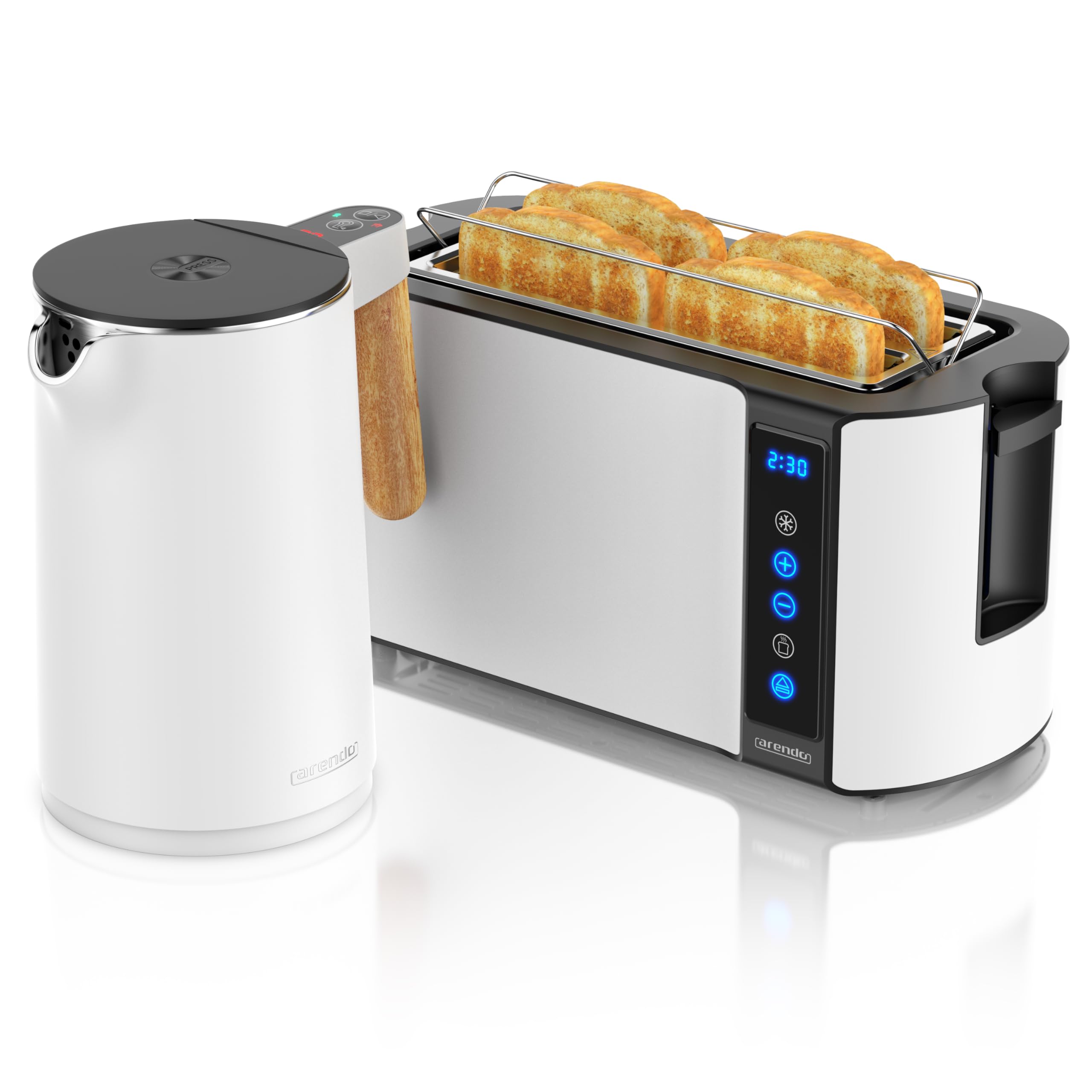Arendo Wasserkocher Toaster SET Edelstahl 45-100 Grad Warmhaltefunktion 4 Scheiben Touch Display Weiß Matt